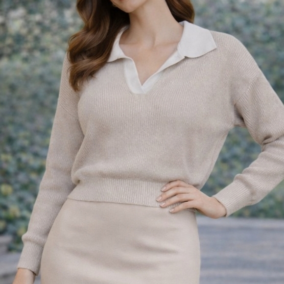Dreamers By Debut Sweaters - Dreamers By Debut Collar Tan And Cream Sweater Crop Ribbed Small Med Old Money